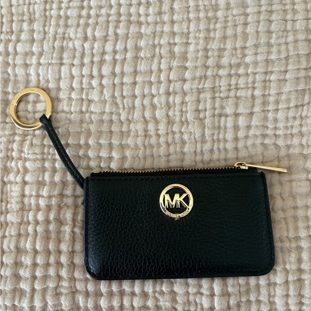 Michael Kors Black Leather Keychain Pouch with Gold Accents 5" X 2 3/4"